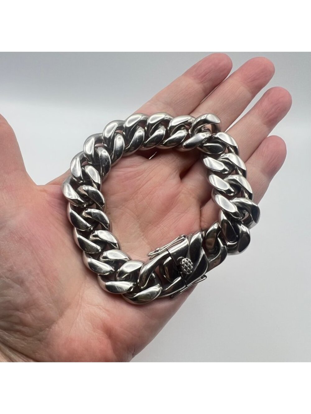 Mens Stainless Steel Cuban Link Bracelet Silver Tone Safety Close 8" 18mm 138g